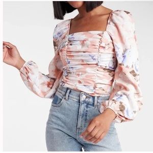 Express Floral Ruched Blouse - Pink and Blue
